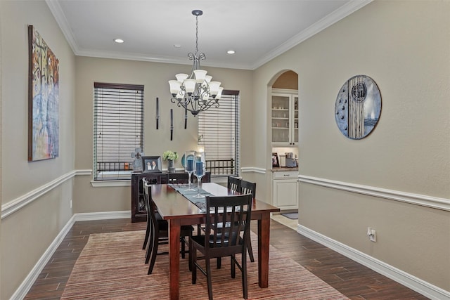729 Pegasus Ln, League City, TX 77573 - dining space featuring recessed lighting, an inviting chandelier, ornamental molding, baseboards, and dark wood-style flooring