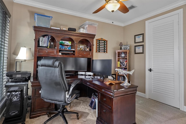 office space with ceiling fan, light colored carpet, and ornamental molding