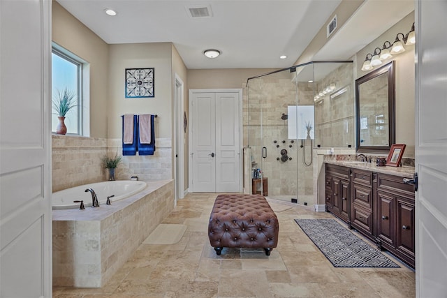 729 Pegasus Ln, League City, TX 77573 - full bath featuring a shower stall, a garden tub, visible vents, and vanity