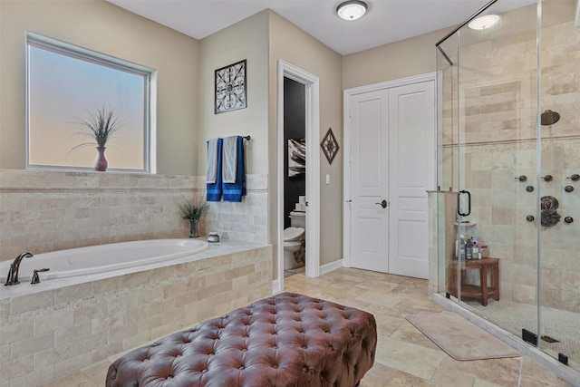 bathroom with tile patterned flooring, toilet, and plus walk in shower