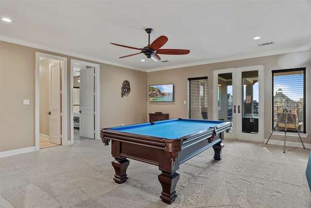 game room featuring light colored carpet, ornamental molding, and pool table