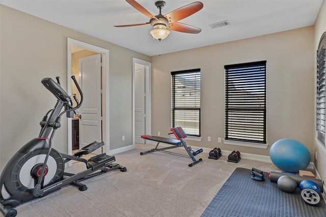729 Pegasus Ln, League City, TX 77573 - exercise area featuring ceiling fan, baseboards, carpet flooring, and visible vents