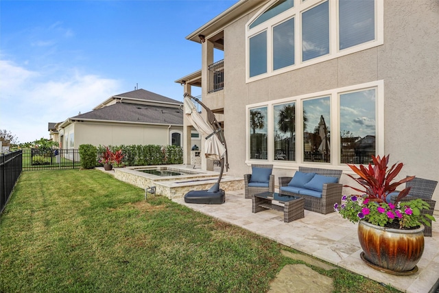729 Pegasus Ln, League City, TX 77573 - rear view of property featuring a patio area, outdoor lounge area, a fenced backyard, a yard, and stucco siding