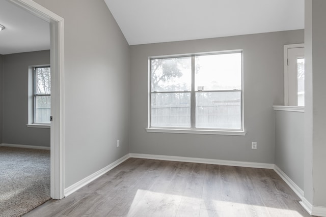 empty room featuring a wealth of natural light, light hardwood / wood-style floors, and lofted ceiling