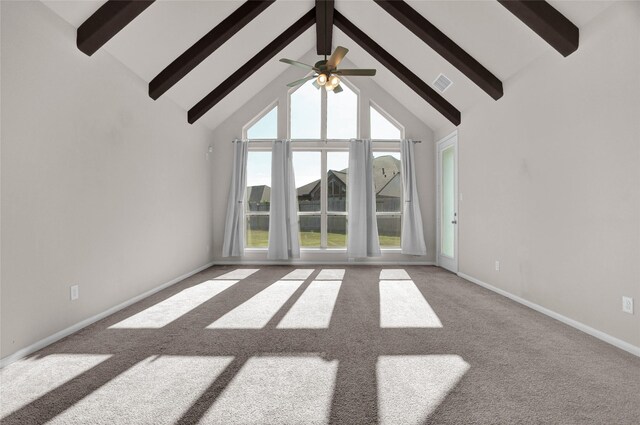 unfurnished living room with beamed ceiling, carpet flooring, ceiling fan, and high vaulted ceiling