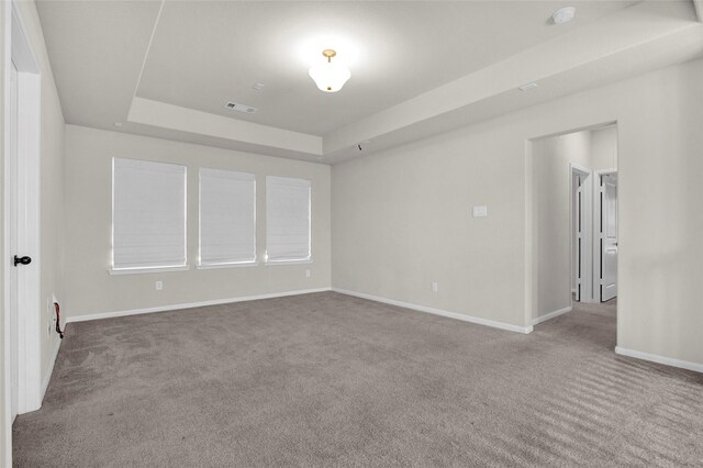 empty room featuring a tray ceiling and carpet floors