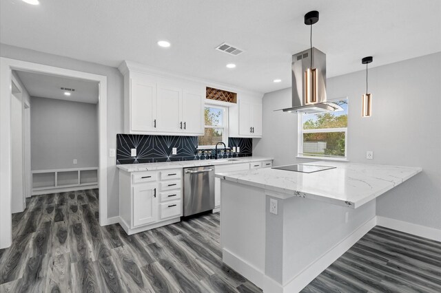 kitchen featuring sink, stainless steel dishwasher, dark hardwood / wood-style floors, island exhaust hood, and white cabinets