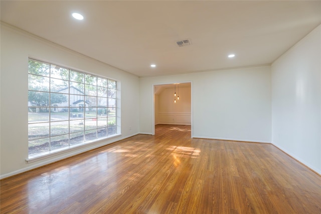 empty room featuring hardwood / wood-style floors and ornamental molding