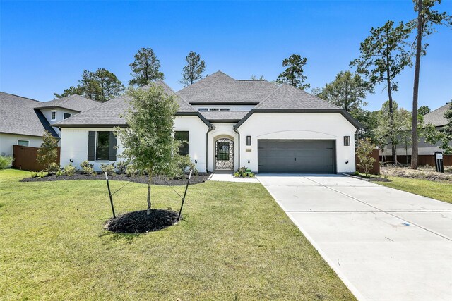 12926 Whitewater Way, Conroe, TX 77302 - french country style house with a garage, concrete driveway, a front lawn, and a shingled roof