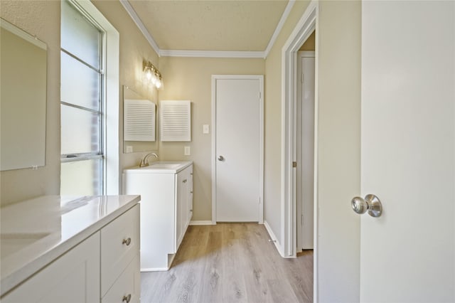 bathroom featuring hardwood / wood-style floors, vanity, and crown molding