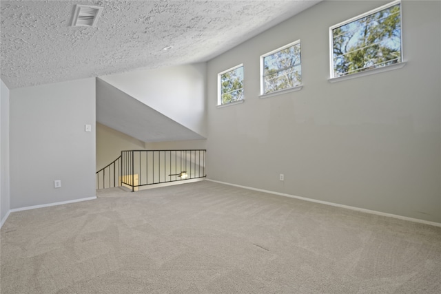 additional living space with carpet flooring, vaulted ceiling, and a textured ceiling