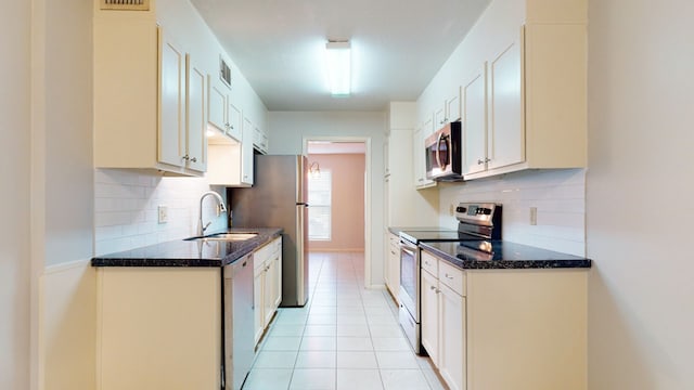 kitchen with decorative backsplash, sink, white cabinetry, and stainless steel appliances