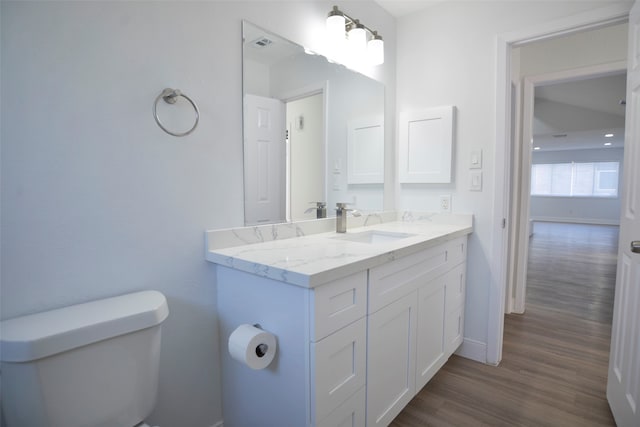 bathroom with wood-type flooring, vanity, and toilet