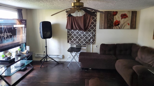 living room featuring baseboard heating, ceiling fan, a textured ceiling, and hardwood / wood-style flooring