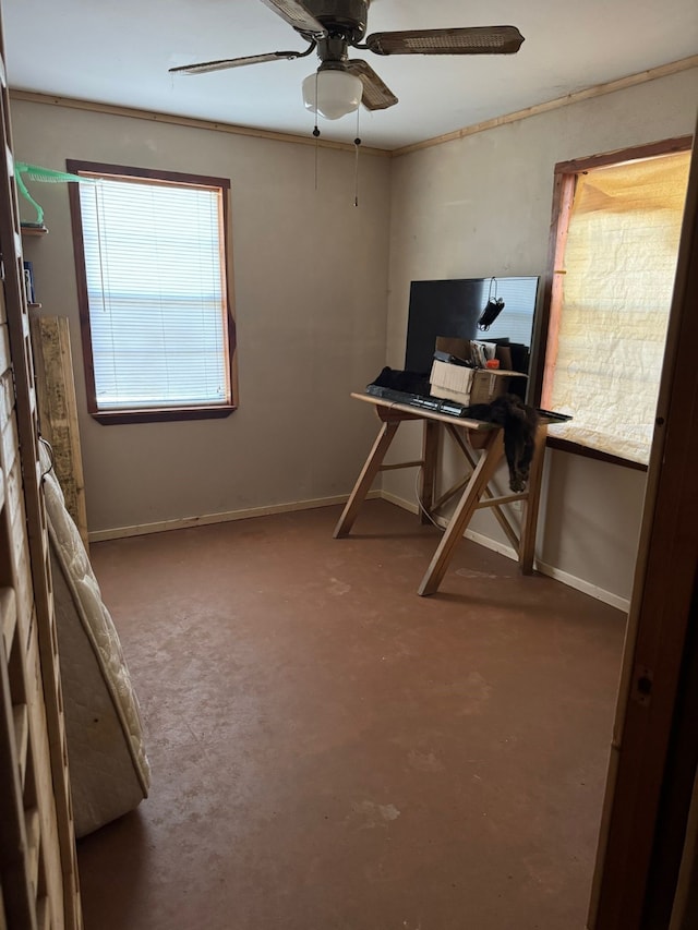 carpeted office space with crown molding and ceiling fan