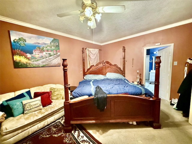 bedroom with carpet flooring, a textured ceiling, ceiling fan, and ornamental molding