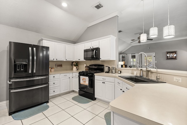 kitchen with white cabinets, sink, and black appliances