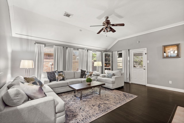 living room featuring ceiling fan, crown molding, dark hardwood / wood-style floors, and lofted ceiling