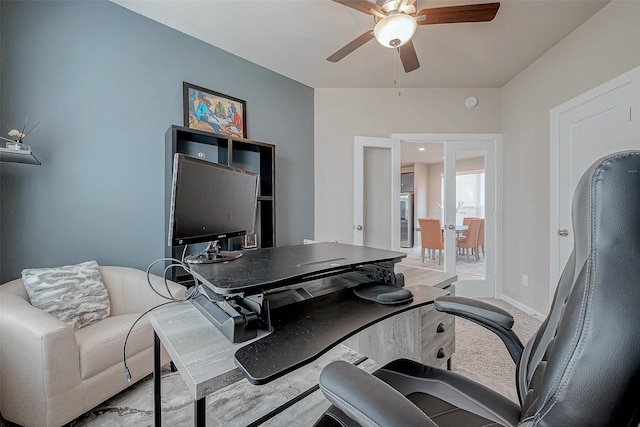 office space with ceiling fan and french doors