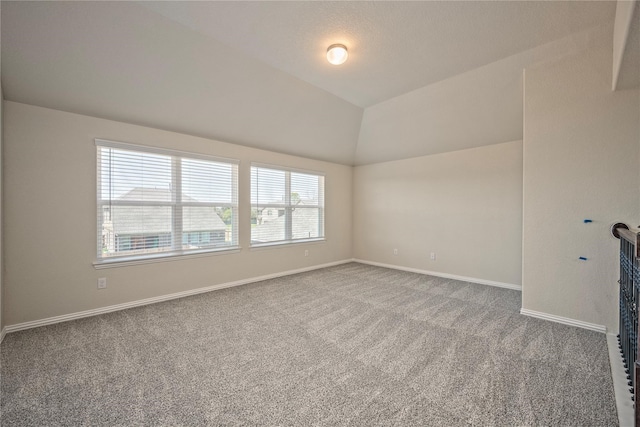 empty room featuring carpet flooring, vaulted ceiling, and a wealth of natural light