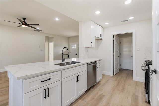 kitchen featuring white cabinets, ceiling fan, sink, and stainless steel appliances