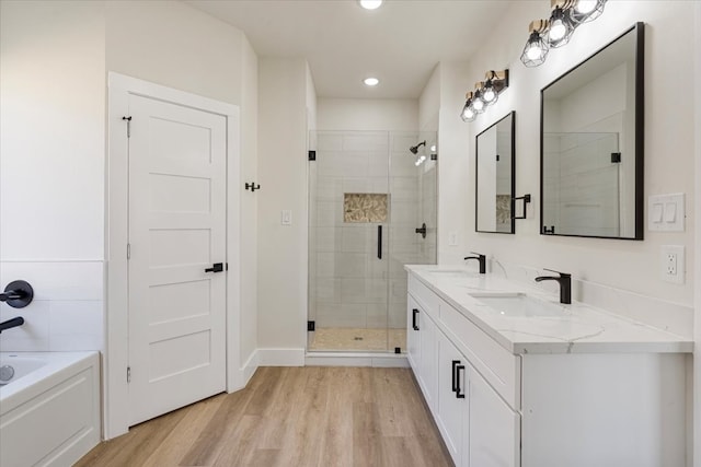 bathroom featuring wood-type flooring, vanity, and independent shower and bath