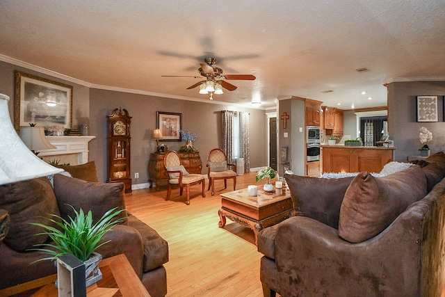 living room featuring a textured ceiling, light hardwood / wood-style floors, ceiling fan, and crown molding