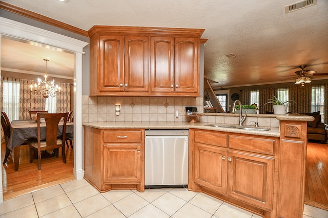 kitchen with sink, light hardwood / wood-style flooring, stainless steel dishwasher, crown molding, and ceiling fan with notable chandelier