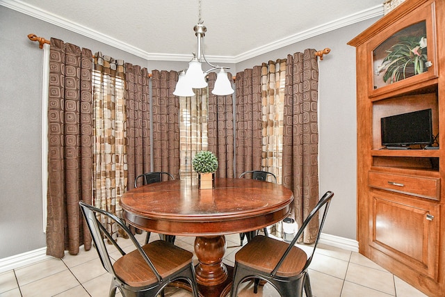 dining room featuring a textured ceiling, light tile patterned flooring, crown molding, and a chandelier