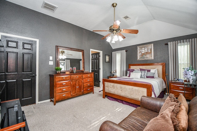 bedroom featuring carpet flooring, ceiling fan, and lofted ceiling