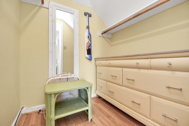 spacious closet with light wood-type flooring and vaulted ceiling