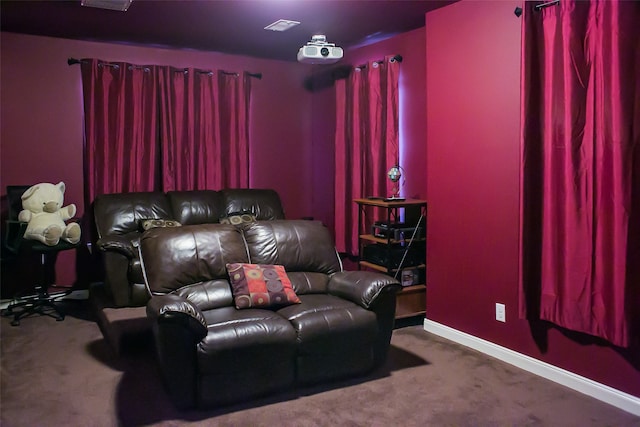 home theater featuring carpet