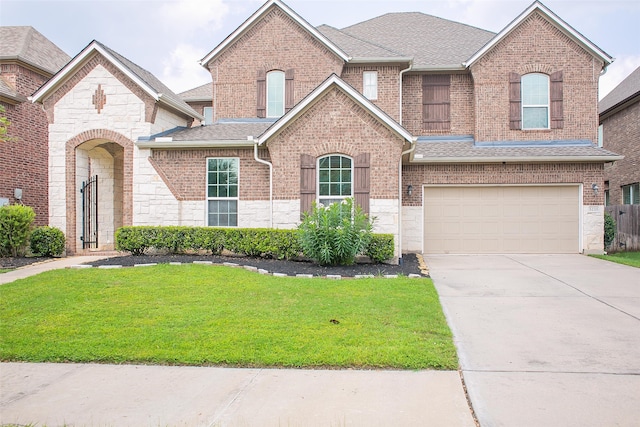 view of front of house with a garage and a front lawn