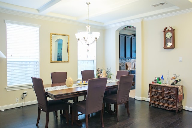 dining room featuring an inviting chandelier, crown molding, a wealth of natural light, and dark wood-type flooring