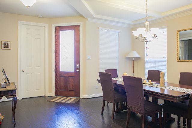 dining space with a notable chandelier, dark hardwood / wood-style floors, plenty of natural light, and crown molding