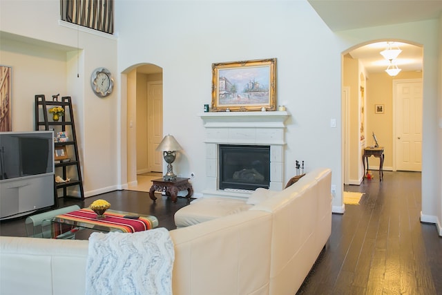 living room with dark hardwood / wood-style flooring