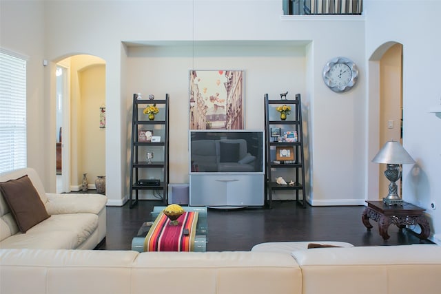 living room with dark wood-type flooring