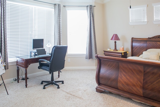 carpeted bedroom featuring crown molding