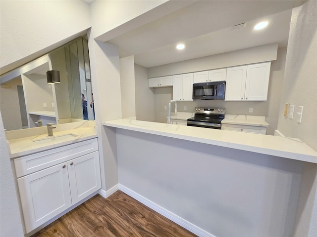 kitchen featuring sink, kitchen peninsula, dark hardwood / wood-style floors, stainless steel electric range oven, and white cabinetry