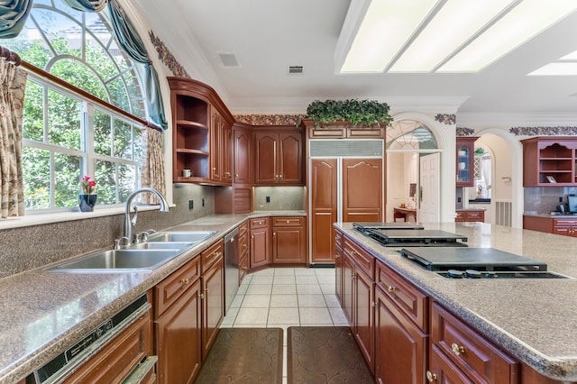 kitchen with tasteful backsplash, sink, plenty of natural light, and ornamental molding