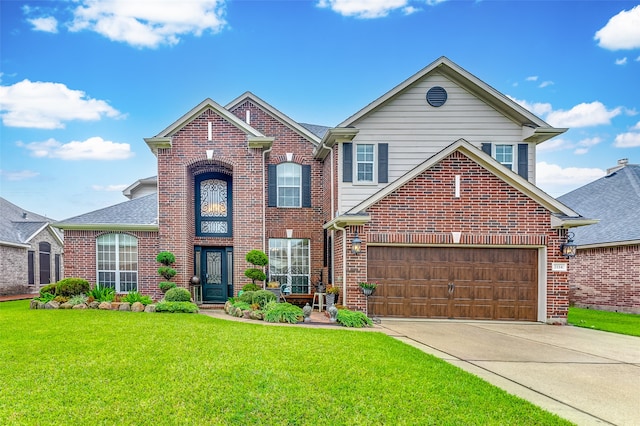 view of property with a garage and a front yard