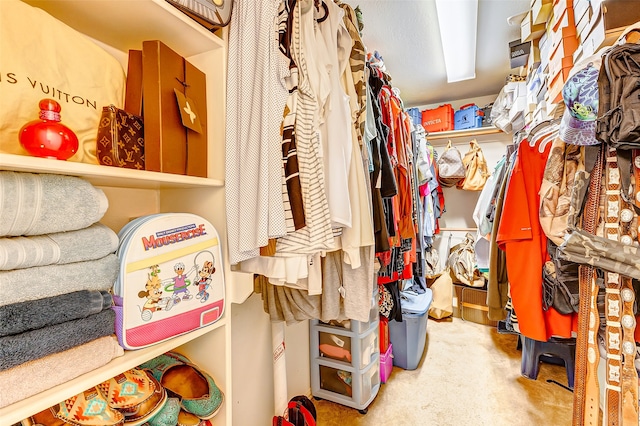 walk in closet with light carpet