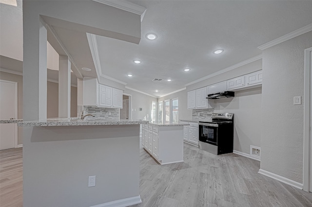 kitchen with kitchen peninsula, decorative backsplash, white cabinets, and stainless steel electric range