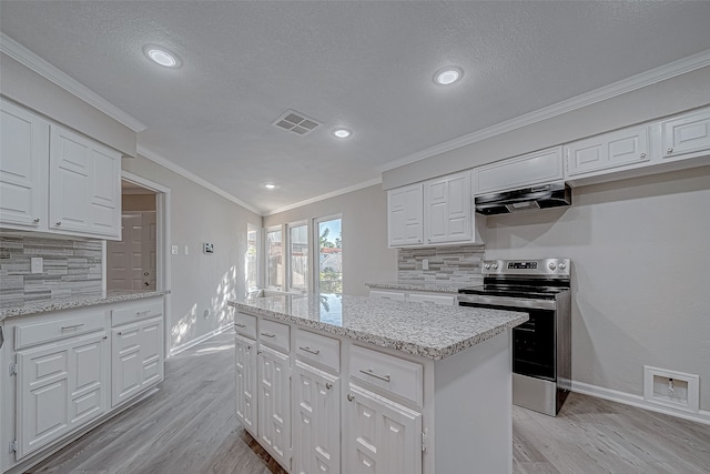 kitchen with decorative backsplash, light hardwood / wood-style floors, white cabinetry, and stainless steel range with electric cooktop