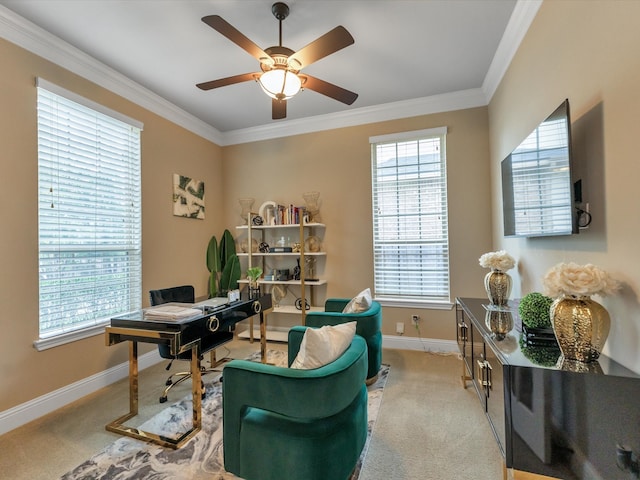 carpeted office space with ceiling fan and ornamental molding