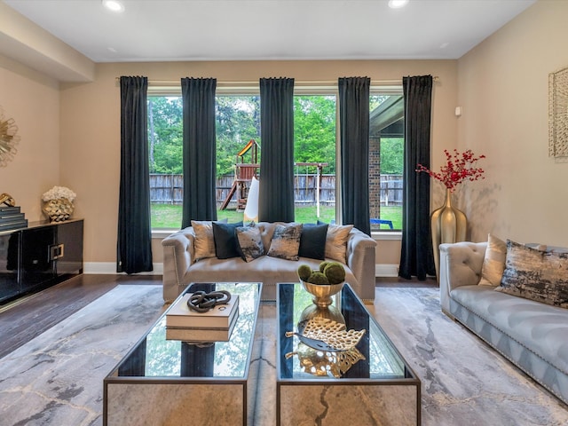 living room with a wealth of natural light and hardwood / wood-style floors