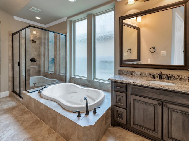 bathroom featuring vanity, separate shower and tub, and ornamental molding