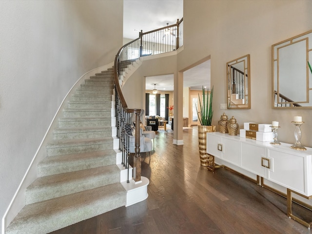 entryway featuring dark hardwood / wood-style flooring and a high ceiling