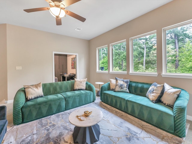 living room with ceiling fan