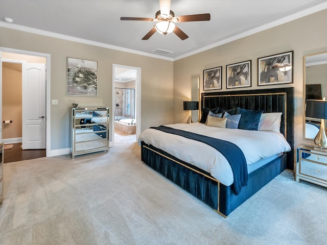 bedroom with carpet flooring, ensuite bath, ceiling fan, and crown molding